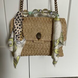 Kurt Geiger Gold Woven Shoulder Bag with Beaded Handle and Scarf Accents